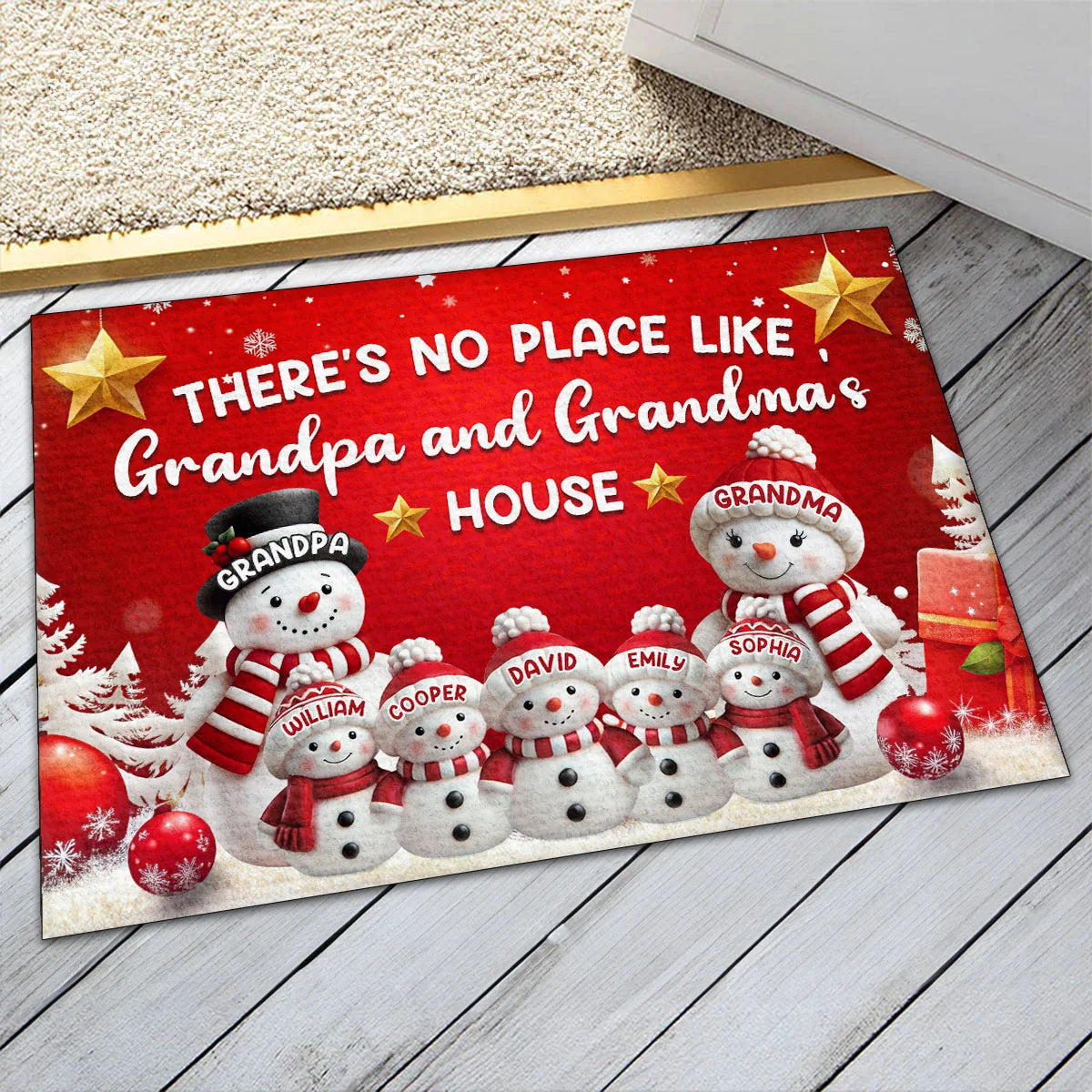 "There's No Place Like Grandpa & Grandma's House" Personalized Doormat - Custom Snowman Family Christmas Welcome Mat