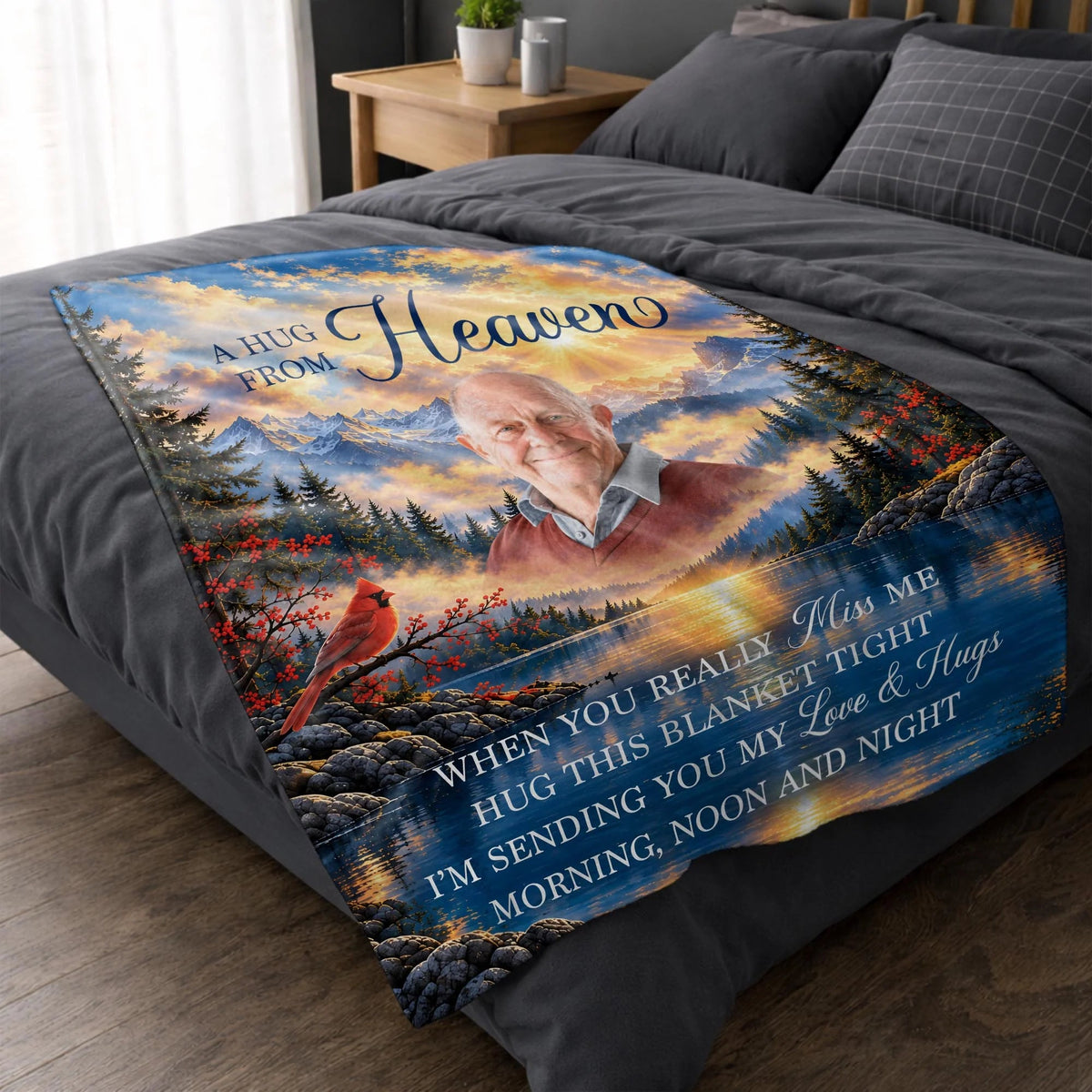 A Hug From Heaven Personalized Photo Memorial Blanket - Custom Cardinal Sympathy Keepsake Gift for Family