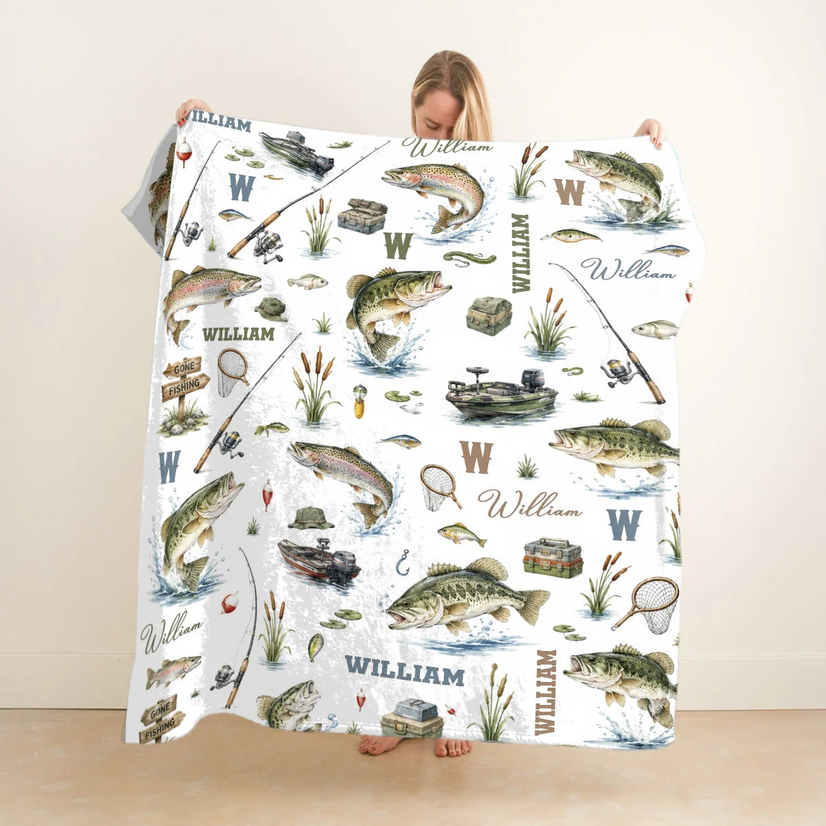"Gone Fishing" Personalized Baby Blanket - Custom Name Throw for Little Angler Gift