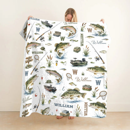 "Gone Fishing" Personalized Baby Blanket - Custom Name Throw for Little Angler Gift