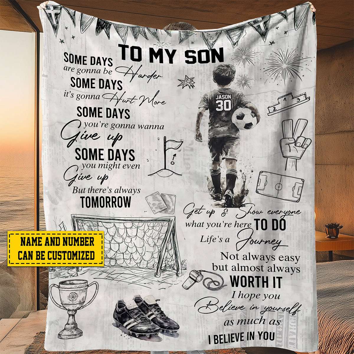 Personalized Soccer Blanket for Boys - Custom Name and Number Gift for Son or Grandson