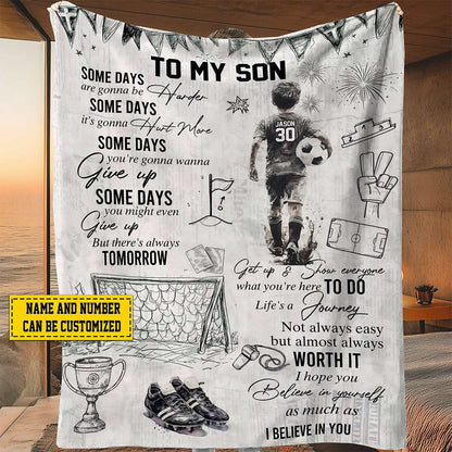 Personalized Soccer Blanket for Boys - Custom Name and Number Gift for Son or Grandson