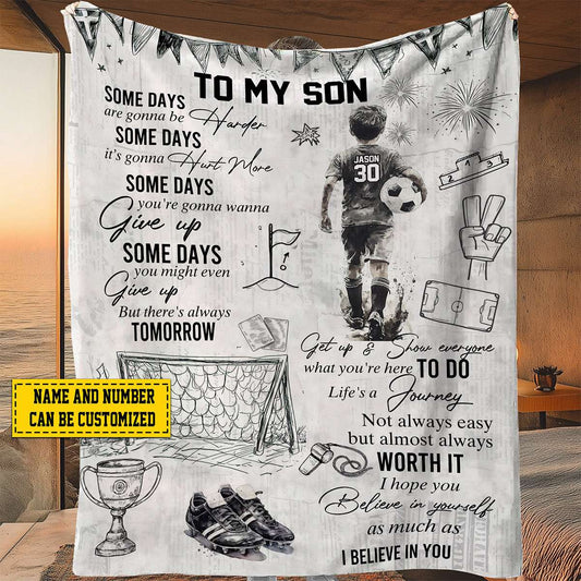 Personalized Soccer Blanket for Boys - Custom Name and Number Gift for Son or Grandson