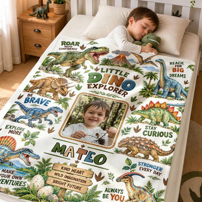 Little Explorer Personalized Dinosaur Photo Blanket - Custom Soft Throw Gift for Boys