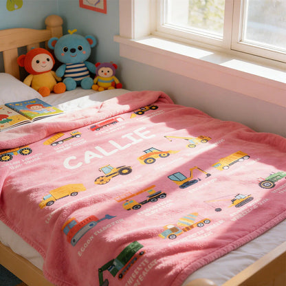Personalized Construction Truck Blanket With Custom Name - Cozy Throw Gift for Truck Obsessed Kids