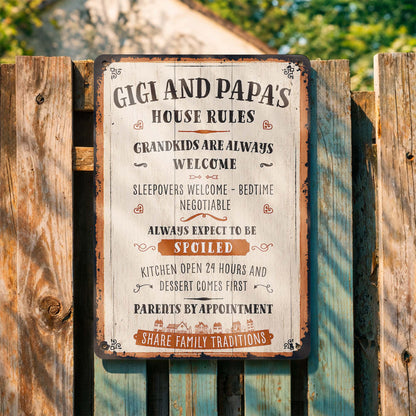 Gigi and Papa's House Rules Grandkids Welcome Personalized Metal Sign - Vintage Grandparent Wall Decor