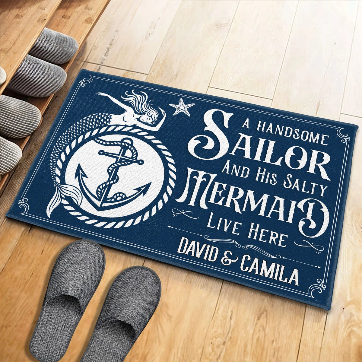 A Handsome Sailor And His Salty Mermaid Live Here - Personalized Nautical Doormat