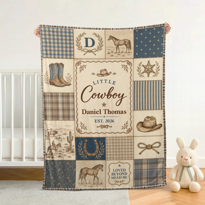 Little Cowboy Personalized Newborn Blanket with Name – Custom Western Quilted Throw
