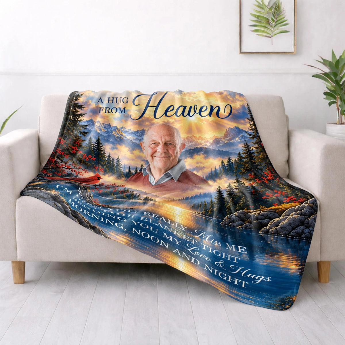 A Hug From Heaven Personalized Photo Memorial Blanket - Custom Cardinal Sympathy Keepsake Gift for Family