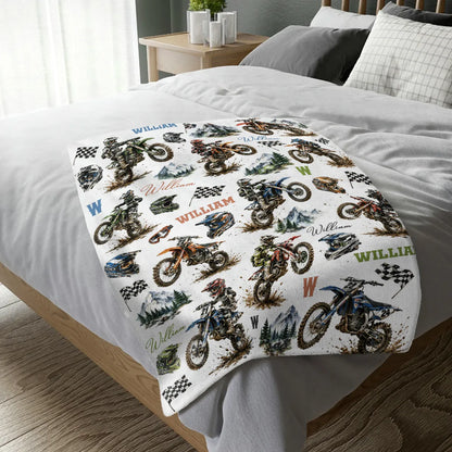 Little Rider, Big Adventures – Personalized Dirt Bike Blanket, Custom Name Motocross Gift for Young Riders