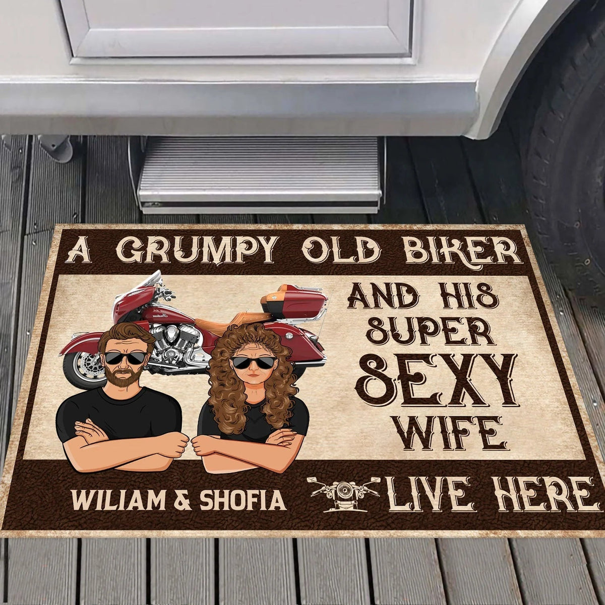 Two Hearts, One Wild Ride – Personalized Biker Couple Doormat, Custom Names Funny Motorcycle Welcome Mat