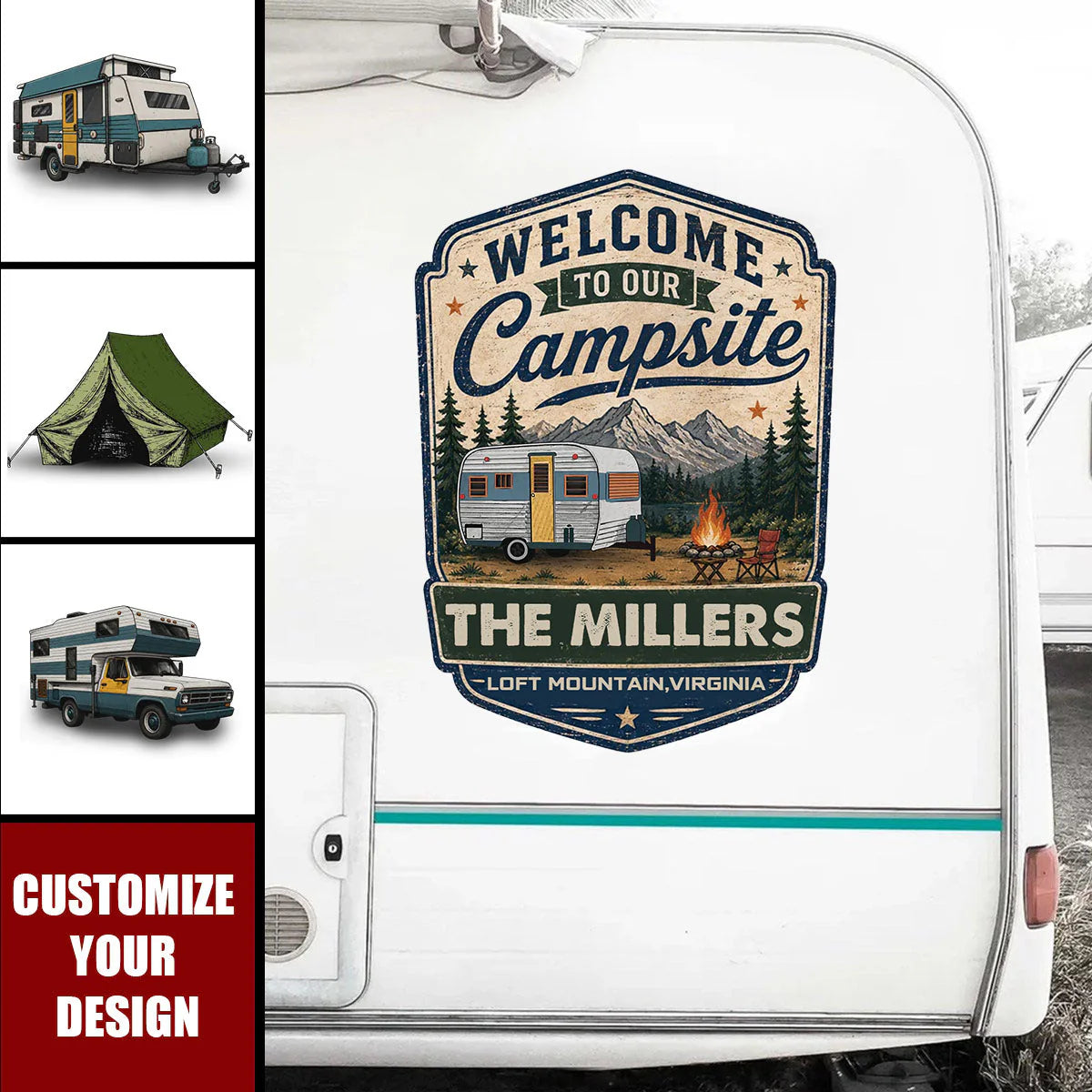 Welcome To Our Campsite Personalized RV Decal - Custom Camper Sticker with Family Name & Location