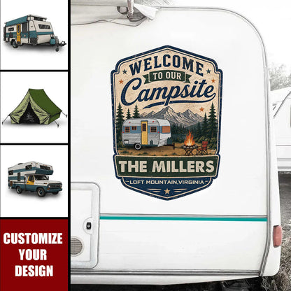 Welcome To Our Campsite Personalized RV Decal - Custom Camper Sticker with Family Name & Location