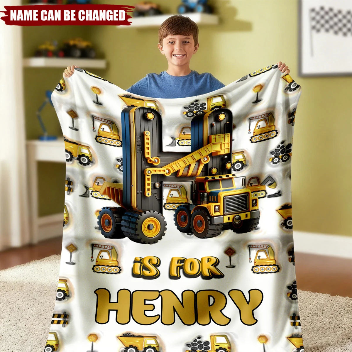 Custom Name Construction Vehicle Fleece Throw Blanket - Unique Gift for Kids