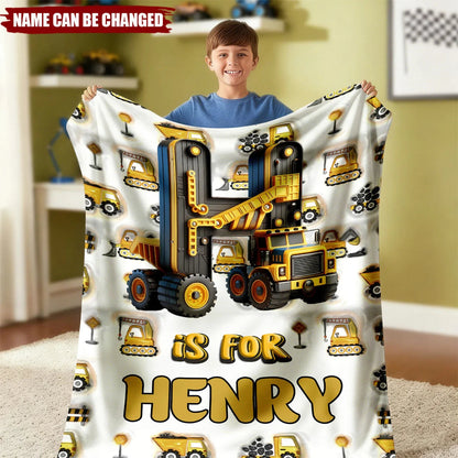 Custom Name Construction Vehicle Fleece Throw Blanket - Unique Gift for Kids