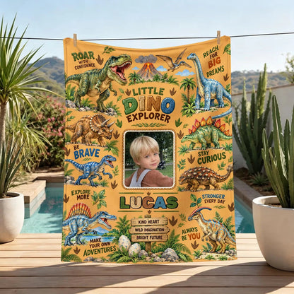 Little Explorer Personalized Dinosaur Photo Blanket - Custom Soft Throw Gift for Boys