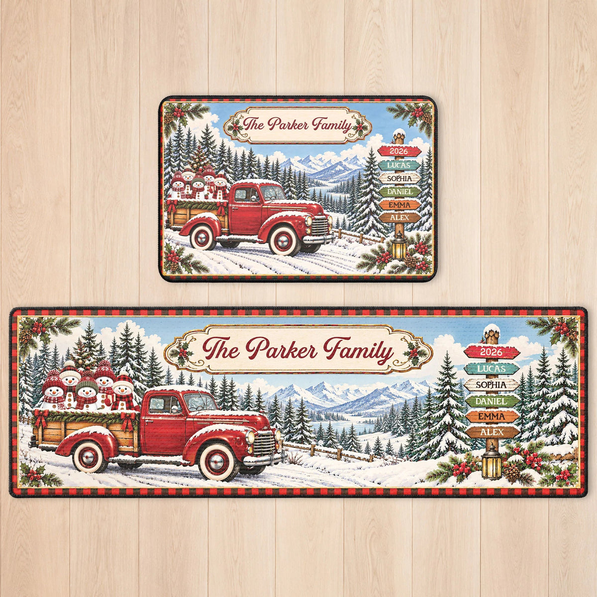 Red Christmas Truck Custom Runner Rug - Personalized Family Name Holiday Kitchen Floor Mat