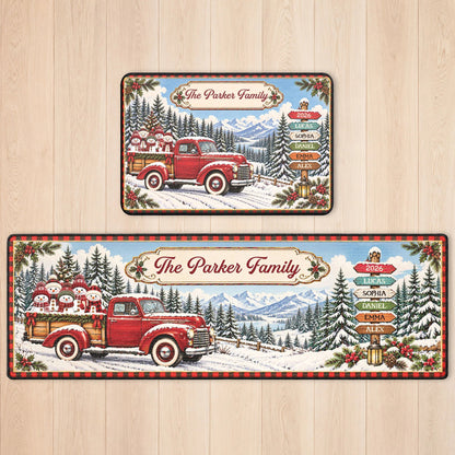 Red Christmas Truck Custom Runner Rug - Personalized Family Name Holiday Kitchen Floor Mat