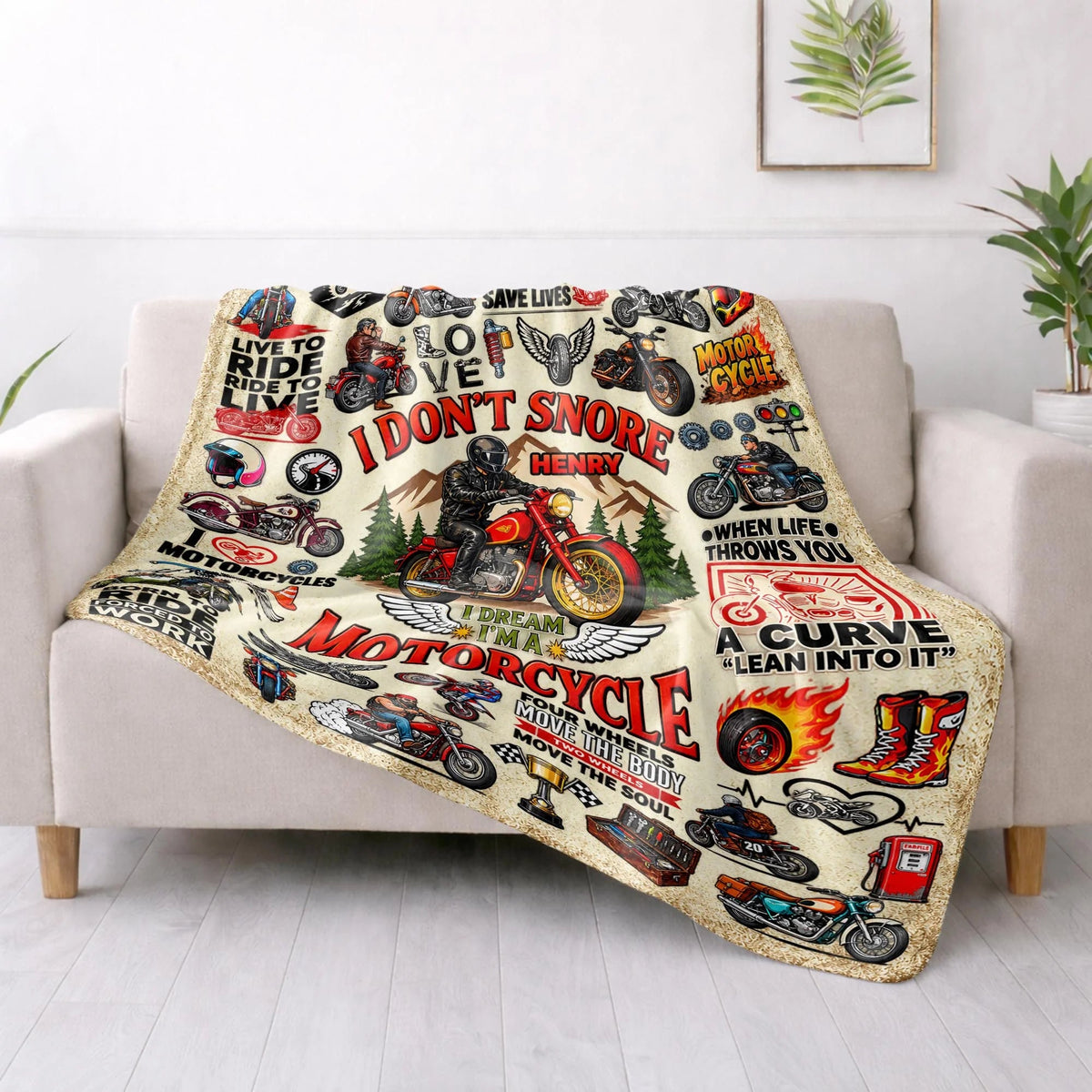 "I Don't Snore I Dream I'm A Motorcycle" Personalized Blanket - Custom Rider Gift for Biker Husband, Dad