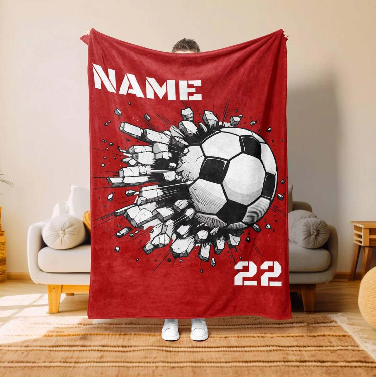 Personalized Soccer Throw Blanket with Custom Name & Number, Birthday Gift for Kids and Youth Football Players