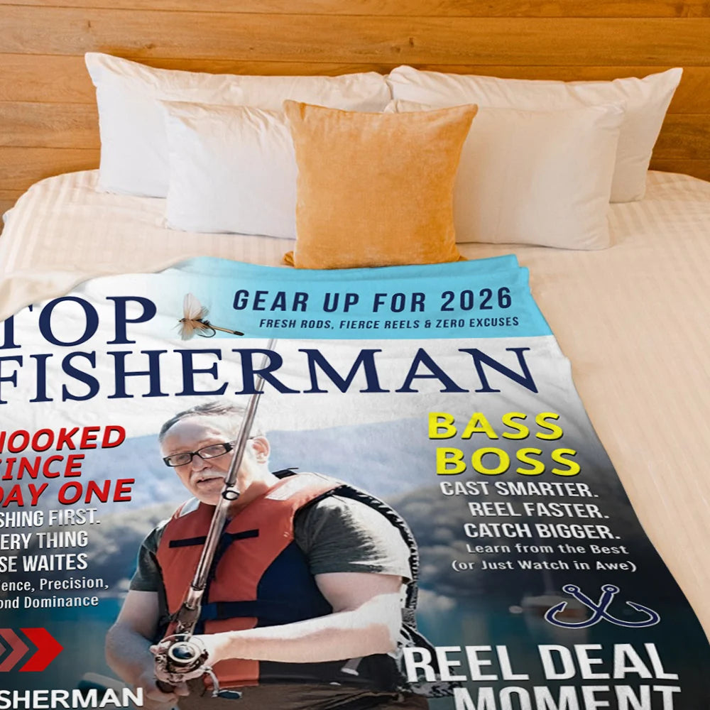 Custom Fishing Photo Blanket - Top Fisherman Personalized Throw Blanket for Dad & Grandpa
