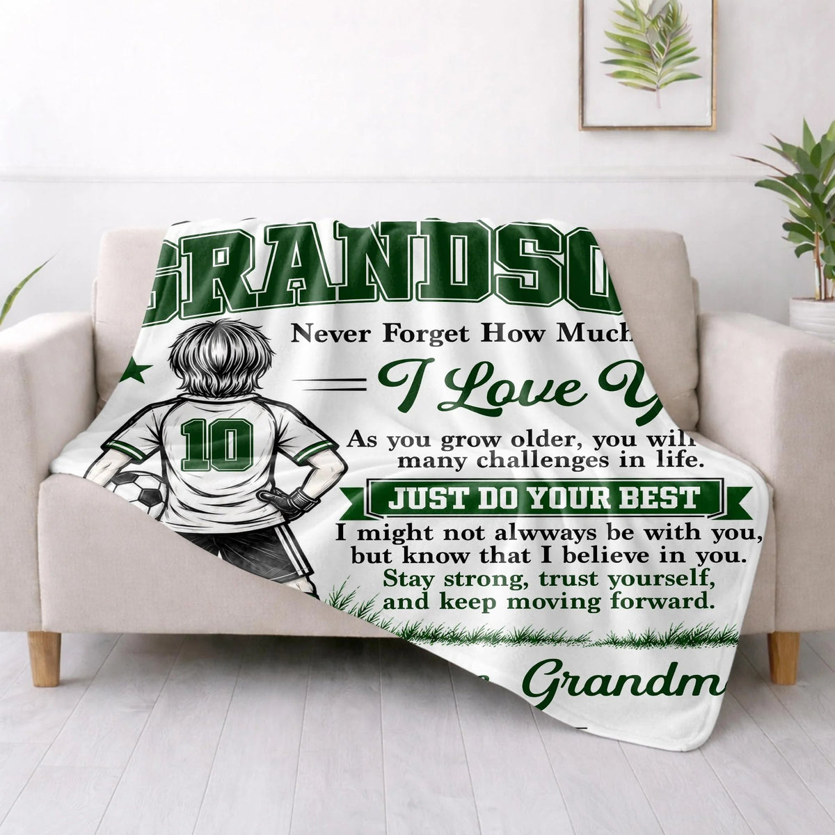 "Never Forget How Much I Love You" Personalized Soccer Blanket for Grandson - Birthday Gift from Grandma