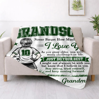 "Never Forget How Much I Love You" Personalized Soccer Blanket for Grandson - Birthday Gift from Grandma