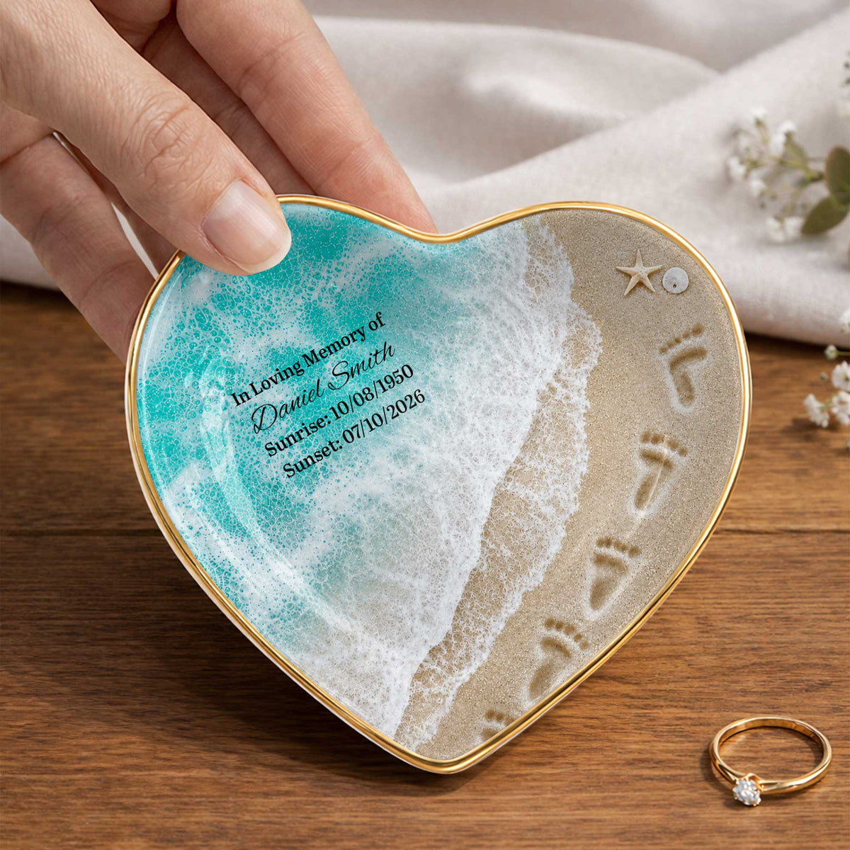 In Loving Memory Custom Jewelry Dish - Personalized Beach Ocean Heart Ring Holder Memorial Keepsake Gift for Family