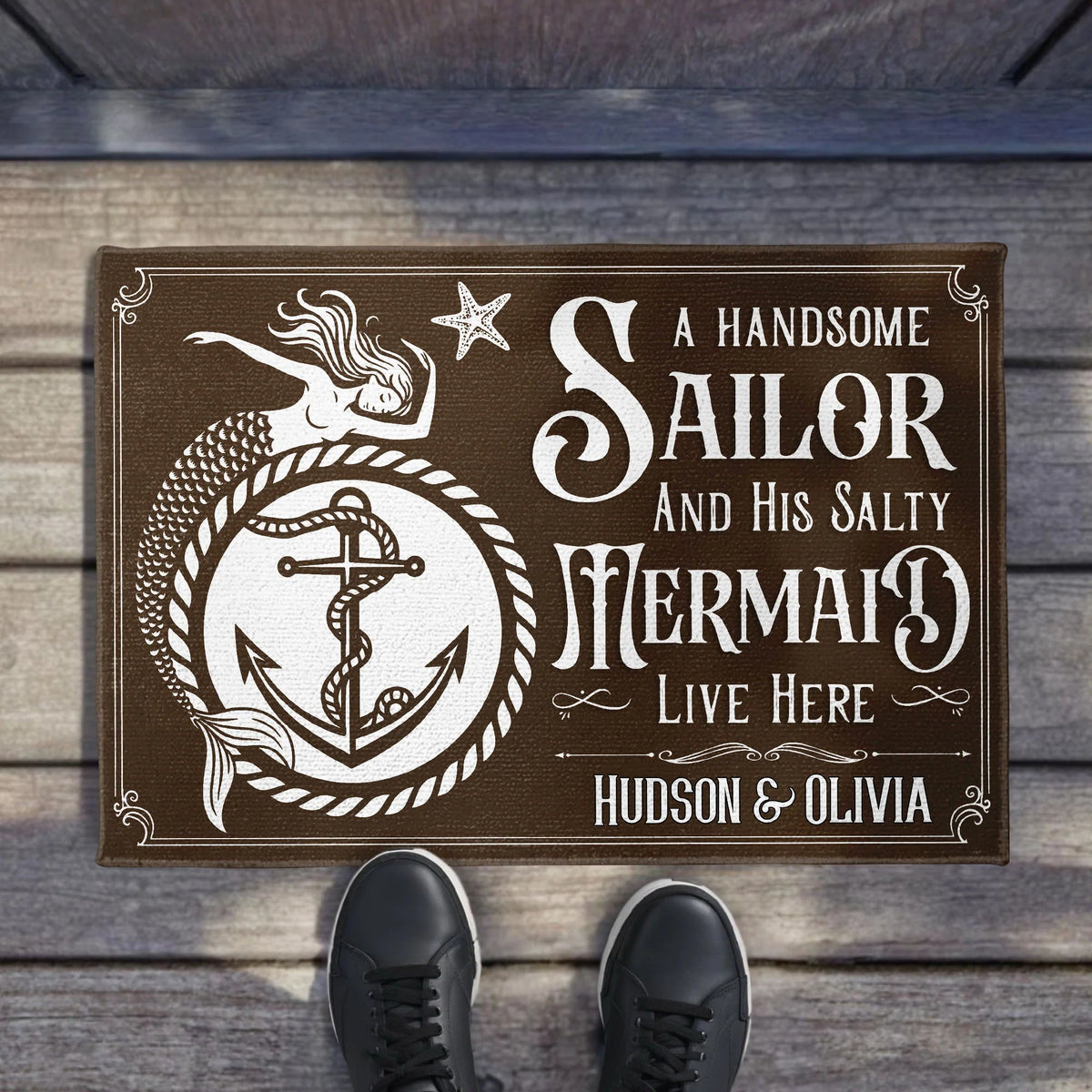 A Handsome Sailor And His Salty Mermaid Live Here - Personalized Nautical Doormat