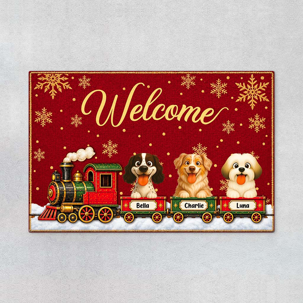 All Aboard the Christmas Paw Express – Personalized Dog Christmas Doormat, Custom Pet Family Welcome Mat