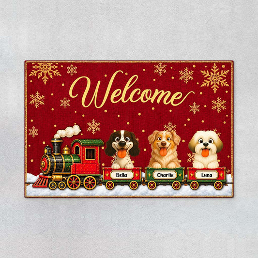 All Aboard the Christmas Paw Express – Personalized Dog Christmas Doormat, Custom Pet Family Welcome Mat