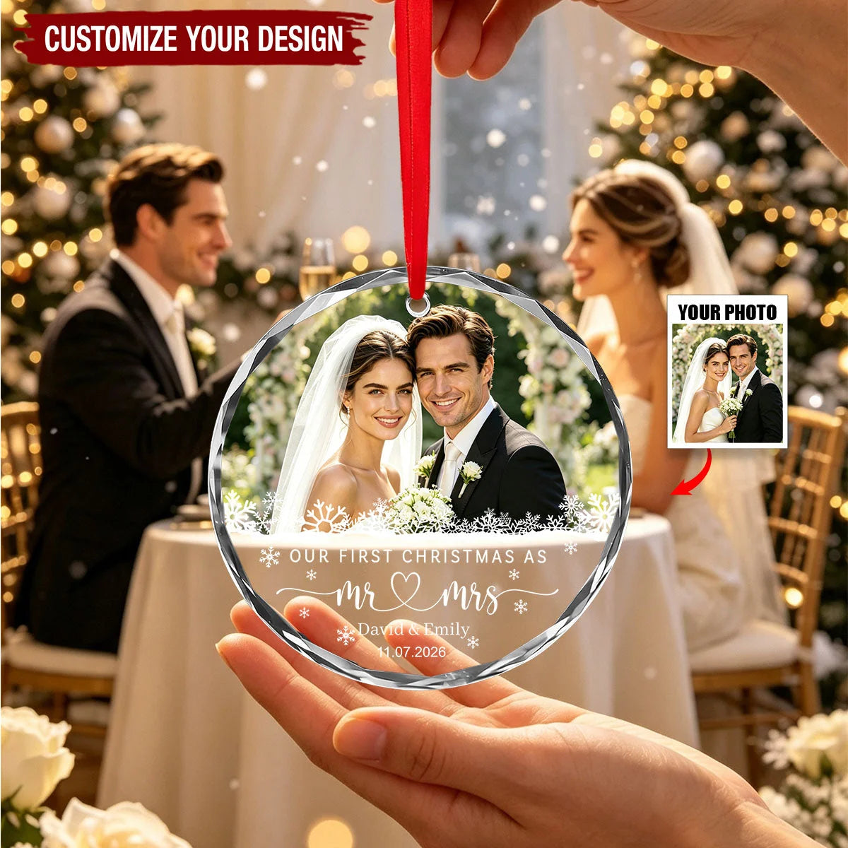Our First Christmas, Our Forever Begins – Personalized Newlywed Photo Glass Ornament, Custom Names & Wedding Date Keepsake