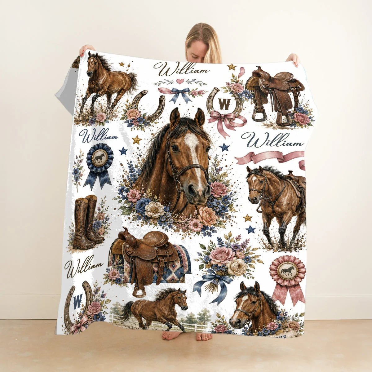 Custom Name Horse Blanket - Personalized Floral Western Cowgirl Gift for Horse Lovers