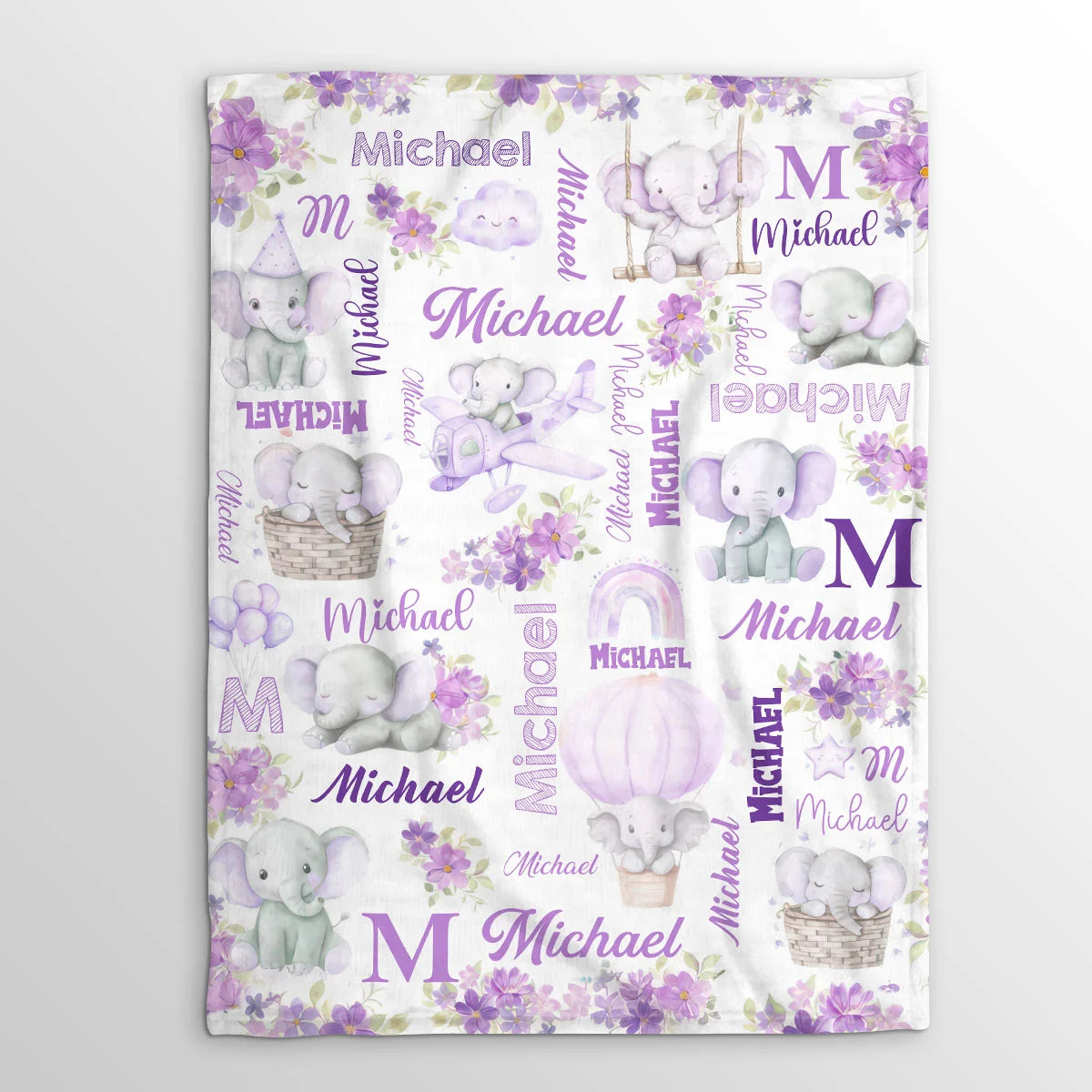 Elephant Love Themed Personalized Baby Blanket, Custom Name Soft Throw Keepsake Gift