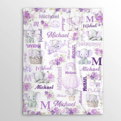 Elephant Love Themed Personalized Baby Blanket, Custom Name Soft Throw Keepsake Gift