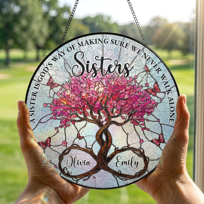 Bonded as Sisters Personalized Tree of Life Stained Glass Suncatcher - Custom Window Ornament Gift