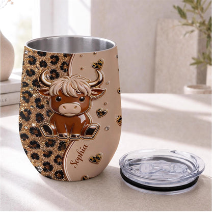 Cute Highland Cow Leopard Hearts Personalized Wine Tumbler - Custom Cow Lovers Birthday Gift
