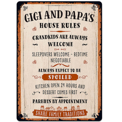 Gigi and Papa's House Rules Grandkids Welcome Personalized Metal Sign - Vintage Grandparent Wall Decor