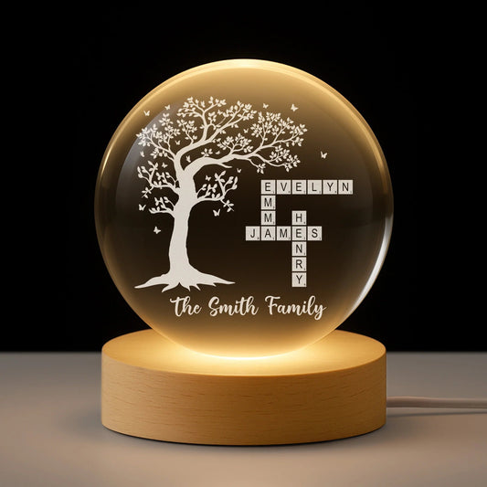 Family Tree Crossword Custom Crystal Ball Lamp - Personalized Sentimental Gift for Family