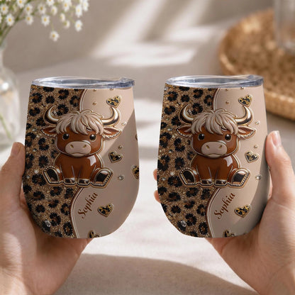 Cute Highland Cow Leopard Hearts Personalized Wine Tumbler - Custom Cow Lovers Birthday Gift
