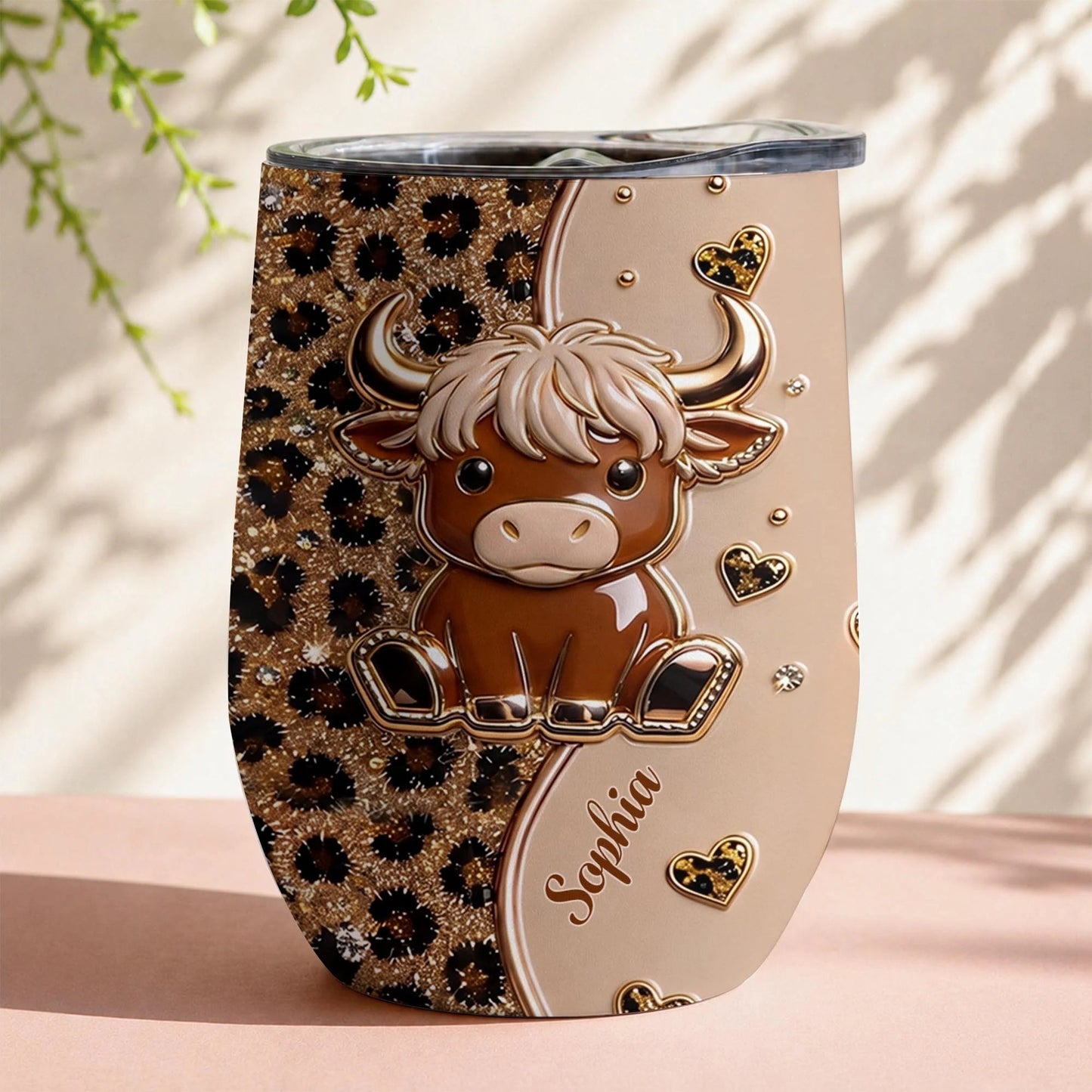 Cute Highland Cow Leopard Hearts Personalized Wine Tumbler - Custom Cow Lovers Birthday Gift