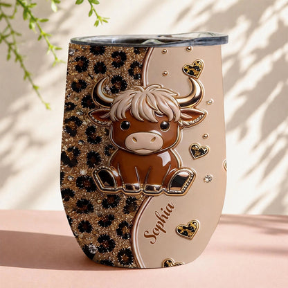 Cute Highland Cow Leopard Hearts Personalized Wine Tumbler - Custom Cow Lovers Birthday Gift