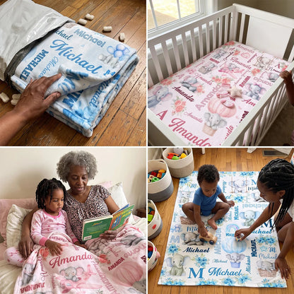 Elephant Love Themed Personalized Baby Blanket, Custom Name Soft Throw Keepsake Gift