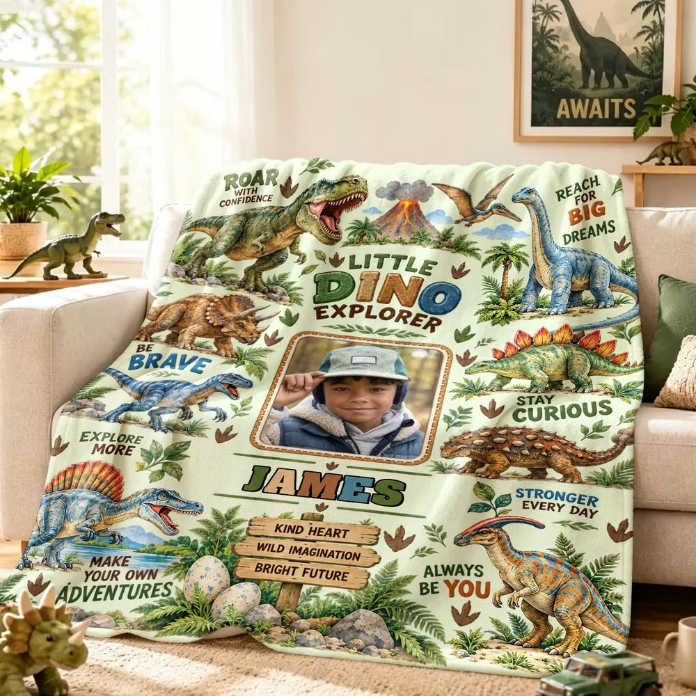 Little Explorer Personalized Dinosaur Photo Blanket - Custom Soft Throw Gift for Boys