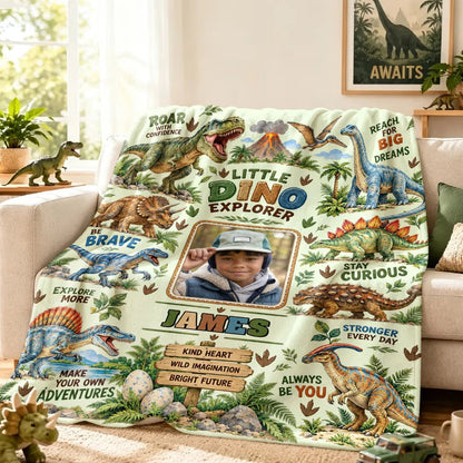 Little Explorer Personalized Dinosaur Photo Blanket - Custom Soft Throw Gift for Boys