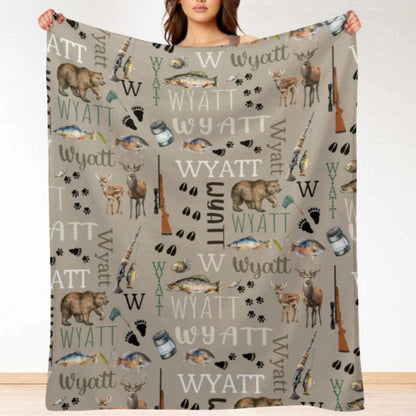 Custom Hunting Baby Blanket - Outdoor Bear Deer Fishing Personalized Name Blanket