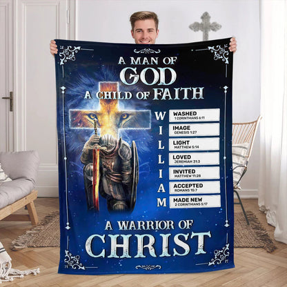 Custom "Man of God Warrior of Christ" Christian Fleece Blanket - Personalized Religious Faith Keepsake Gift