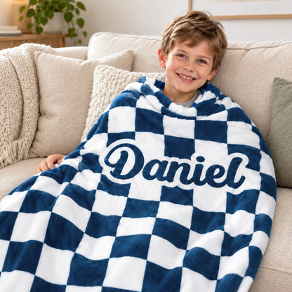 Personalized Checkerboard Throw Blanket With Custom Name, Soft Cozy Gift for Kids and Toddlers