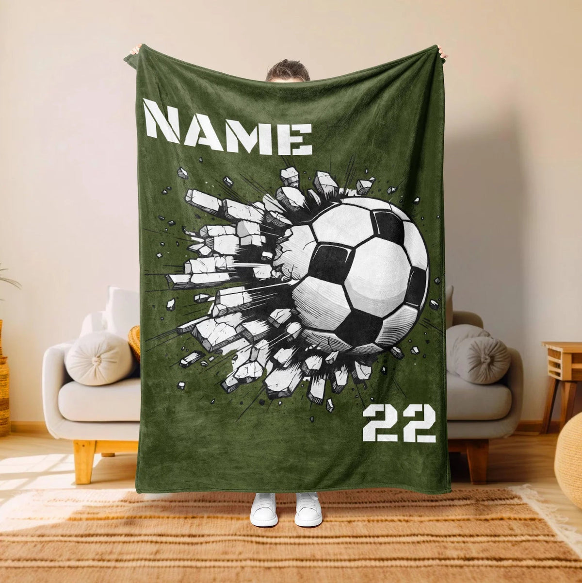 Personalized Soccer Throw Blanket with Custom Name & Number, Birthday Gift for Kids and Youth Football Players
