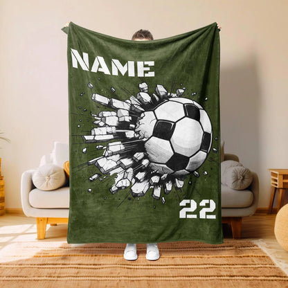 Personalized Soccer Throw Blanket with Custom Name & Number, Birthday Gift for Kids and Youth Football Players